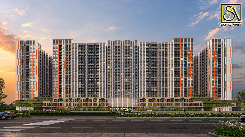 Mặt đứng K-Home Apartment nhìn từ trục đường chính, các khối tháp nối liền trên khối đế có trường mầm non